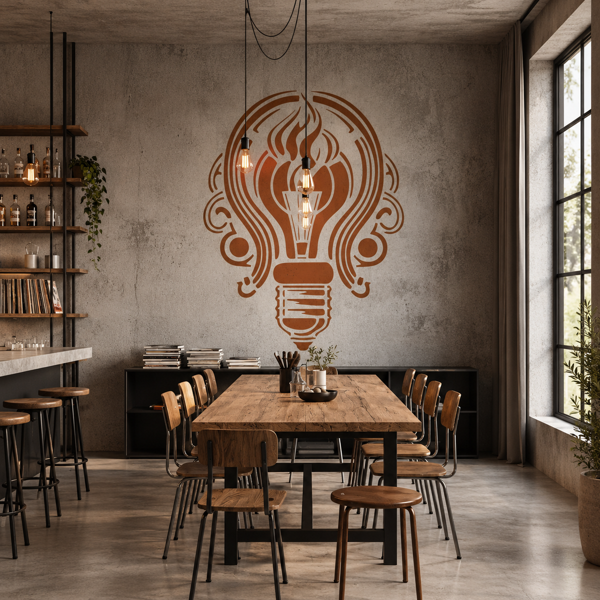 Decorative Light Bulb Stencil in terracotta on a textured concrete wall above a wooden communal table in an industrial workspace.