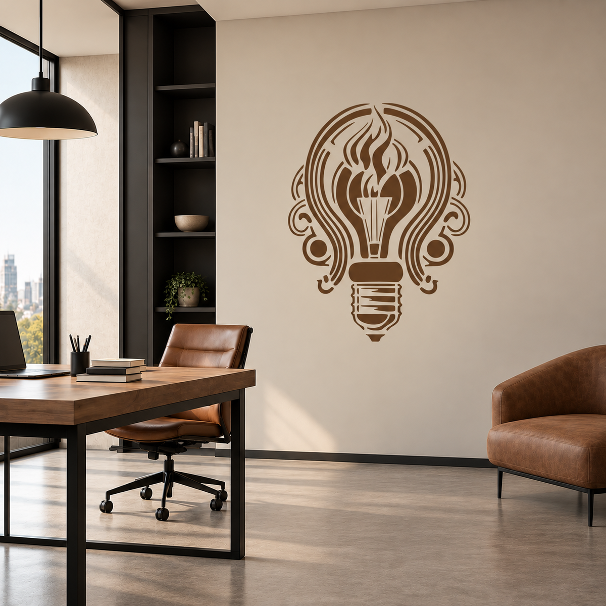Decorative Light Bulb Stencil in warm brown on a cream wall beside a wooden desk and leather chair in a contemporary home office.