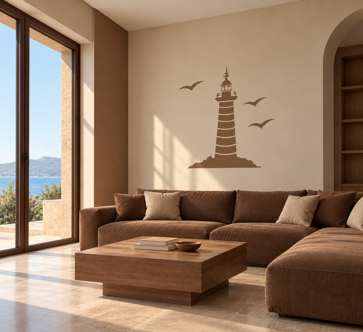 Lighthouse Stencil in warm brown with flying seagulls on a cream wall above a sectional sofa in a coastal living room.