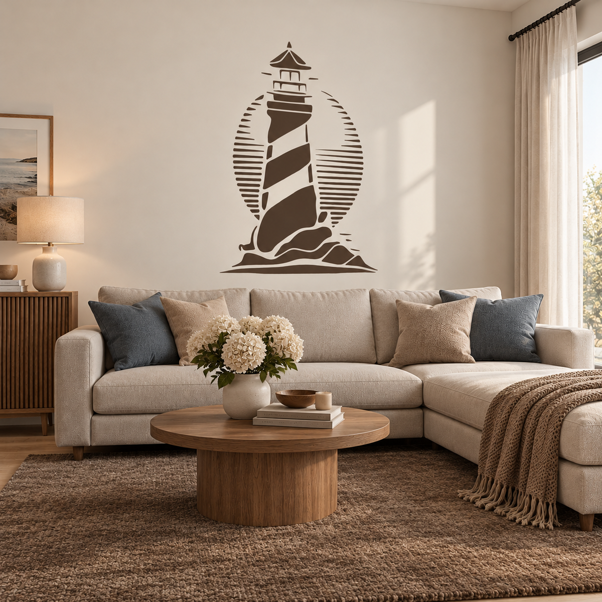 Lighthouse Stencil in dark brown on a cream wall above a sectional sofa in a cozy coastal living room.