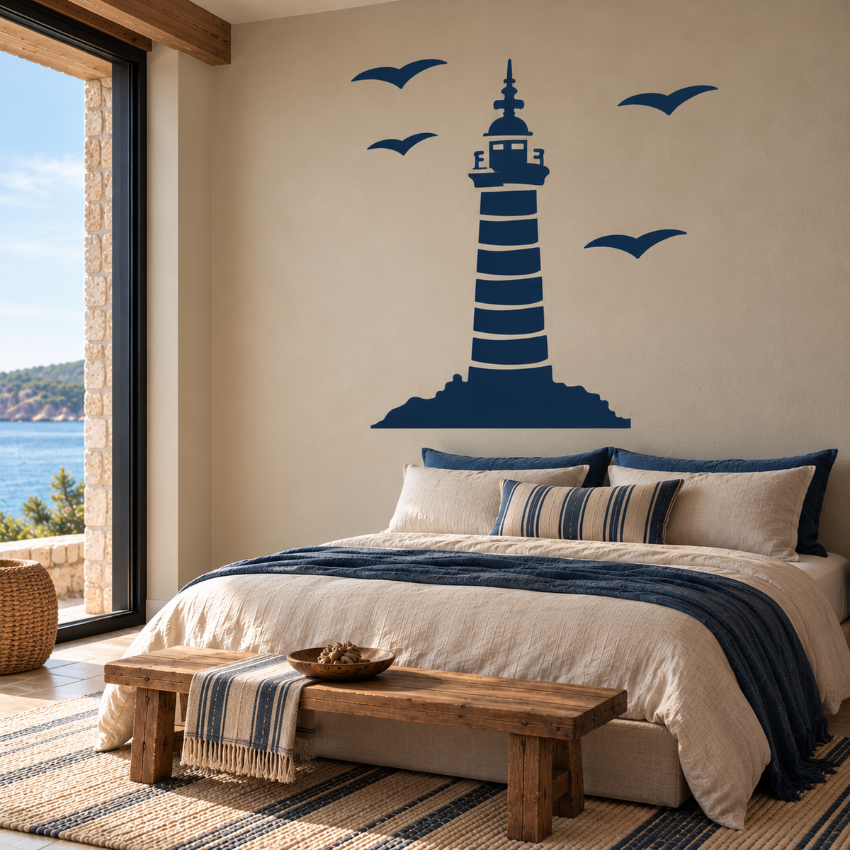 Lighthouse Stencil in navy blue with four flying seagulls on a beige wall above a bed in a bright coastal bedroom overlooking the sea.