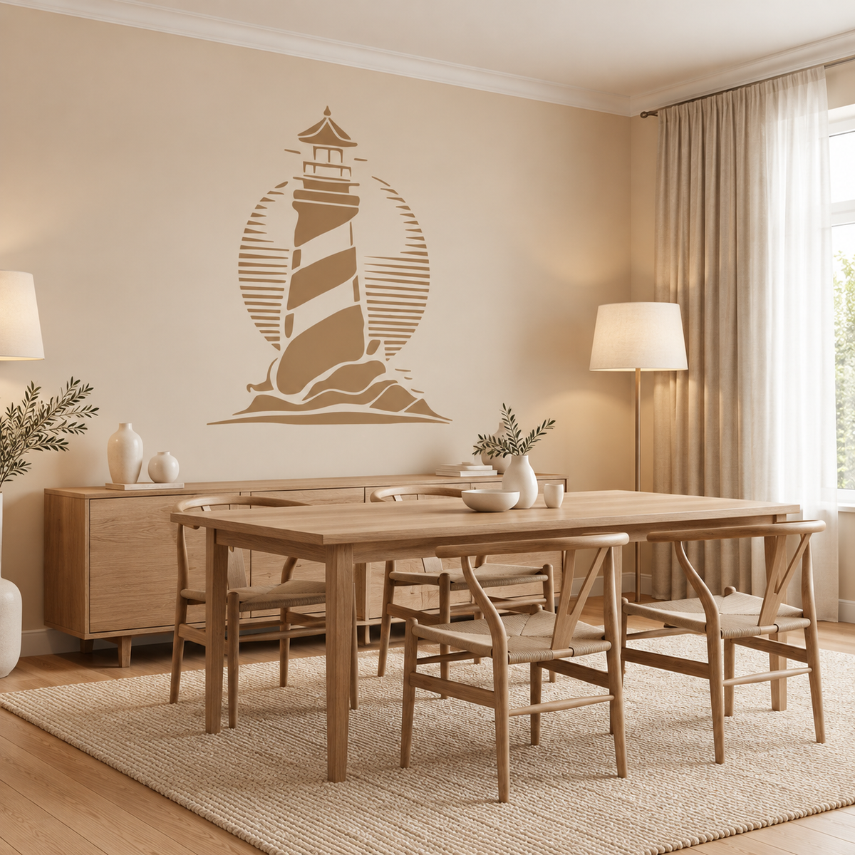 Lighthouse Stencil in sand beige on a warm neutral wall above a wooden sideboard in a Scandinavian-style dining room.
