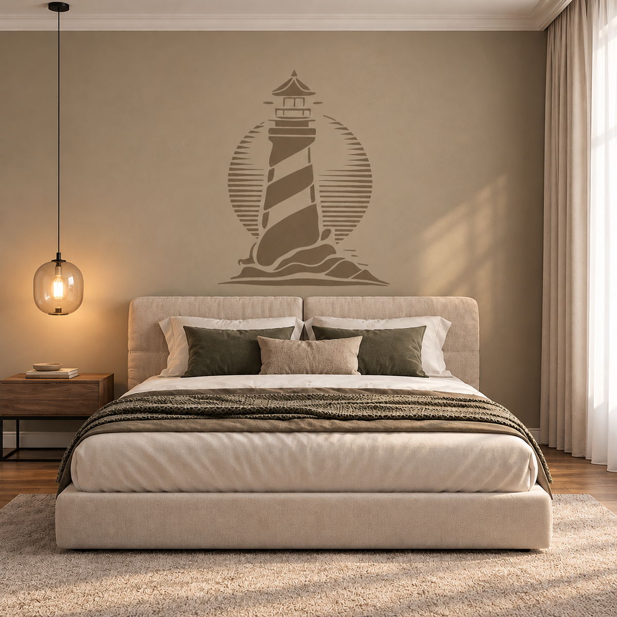 Lighthouse Stencil in taupe on a beige wall above an upholstered bed in a calming neutral bedroom.
