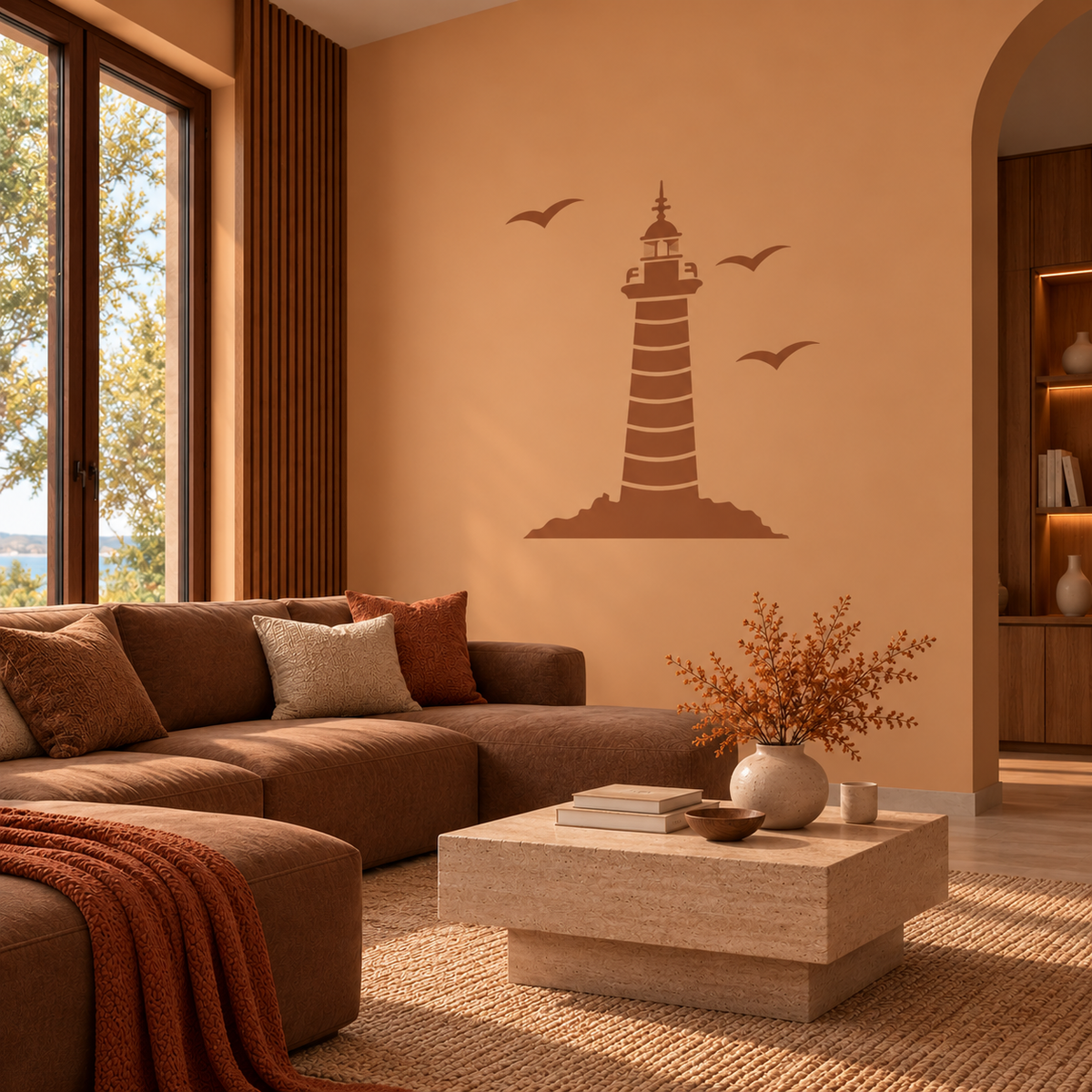 Lighthouse Stencil in warm terracotta brown with three flying seagulls on a peach wall above a sofa in a cozy modern living room.
