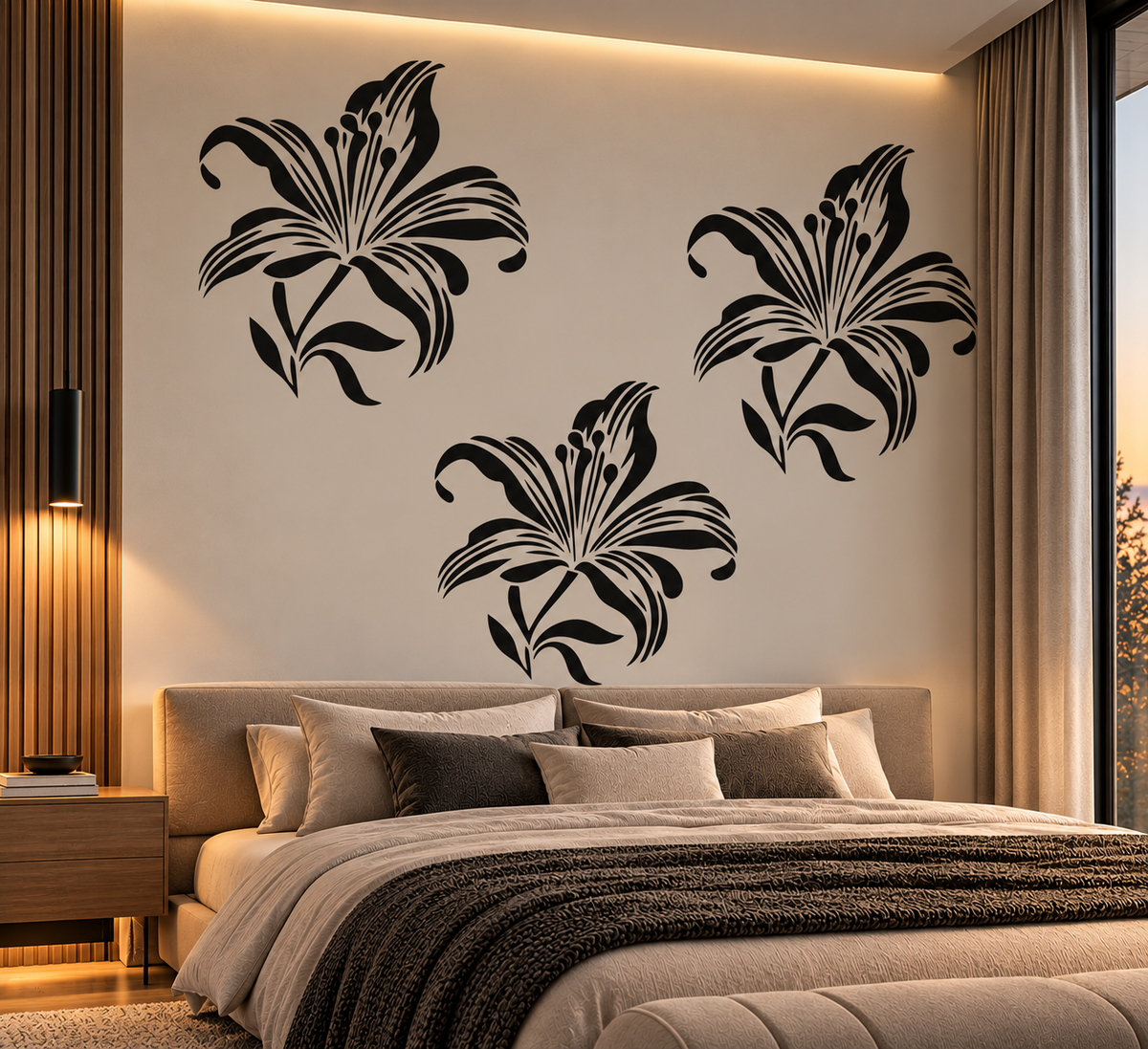 Black lily flower wall stencils arranged above a modern upholstered bed in an elegant neutral bedroom