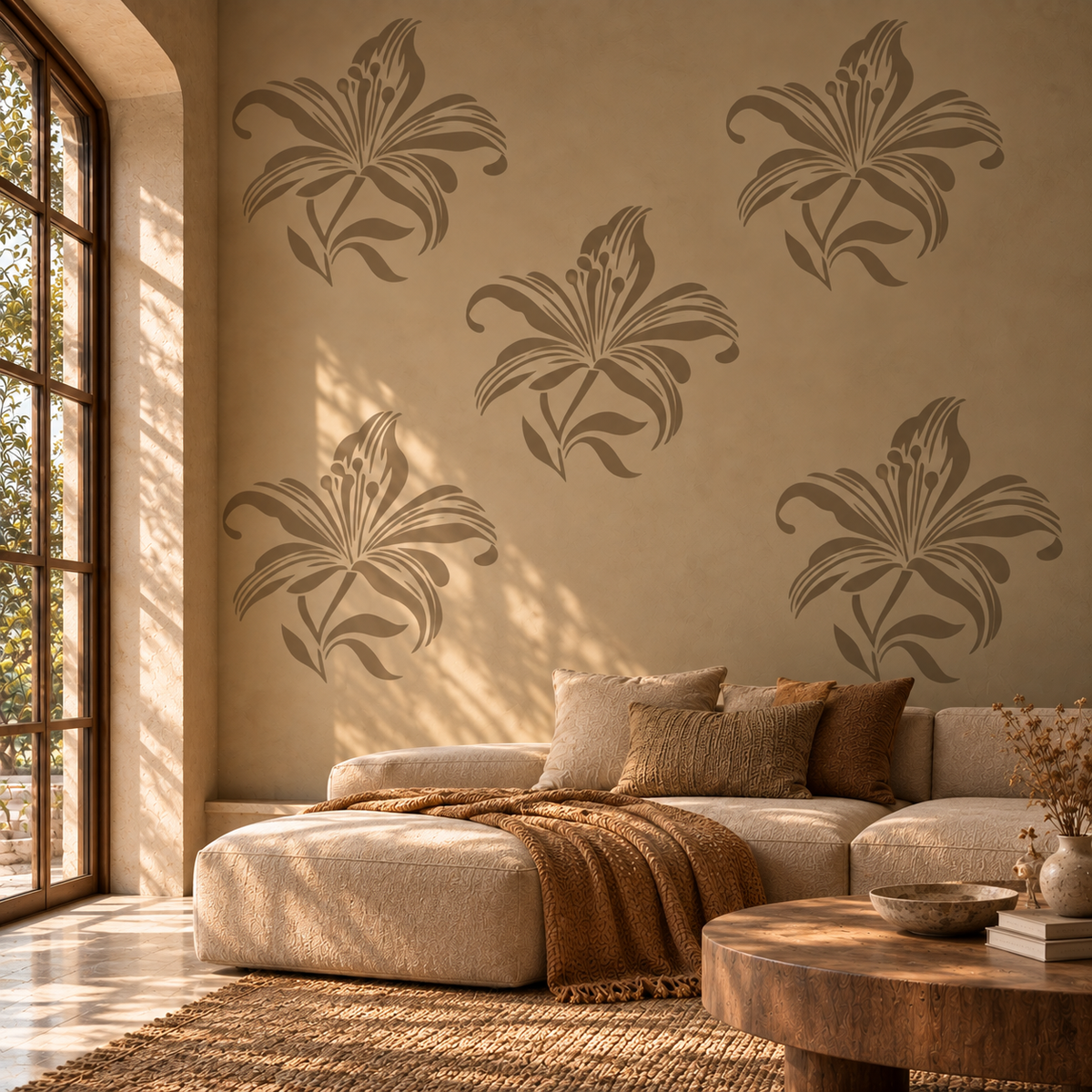 Repeating lily flower wall stencil pattern in warm brown tones decorating a cozy neutral living room