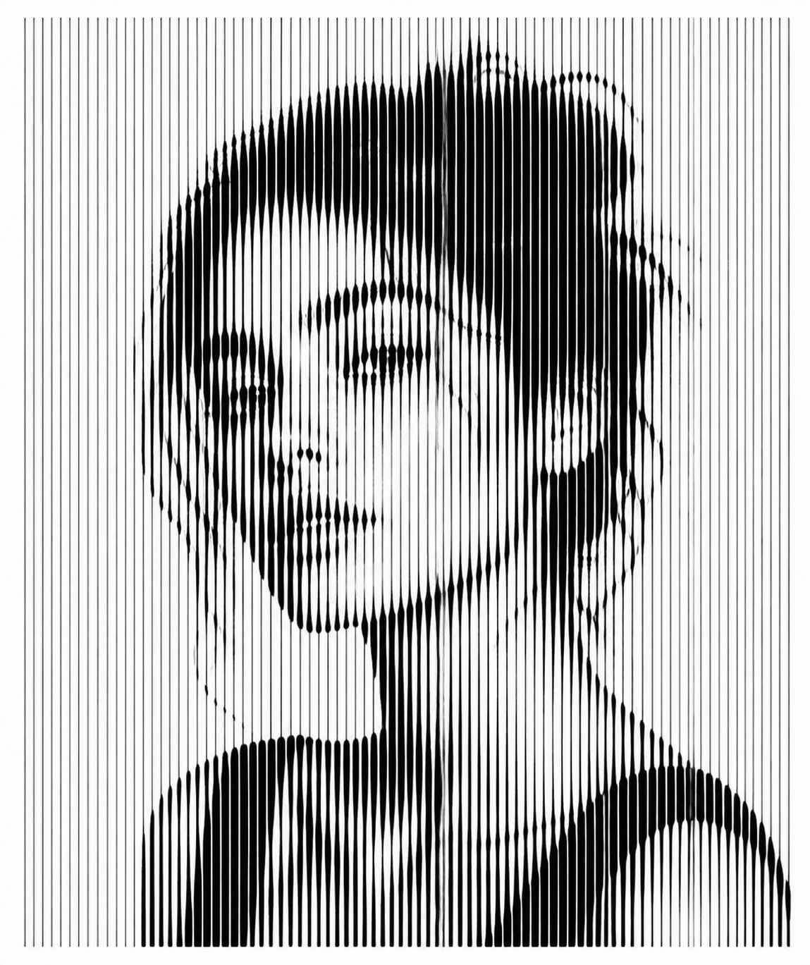 Line halftone portrait created using vertical lines with varying thickness and spacing