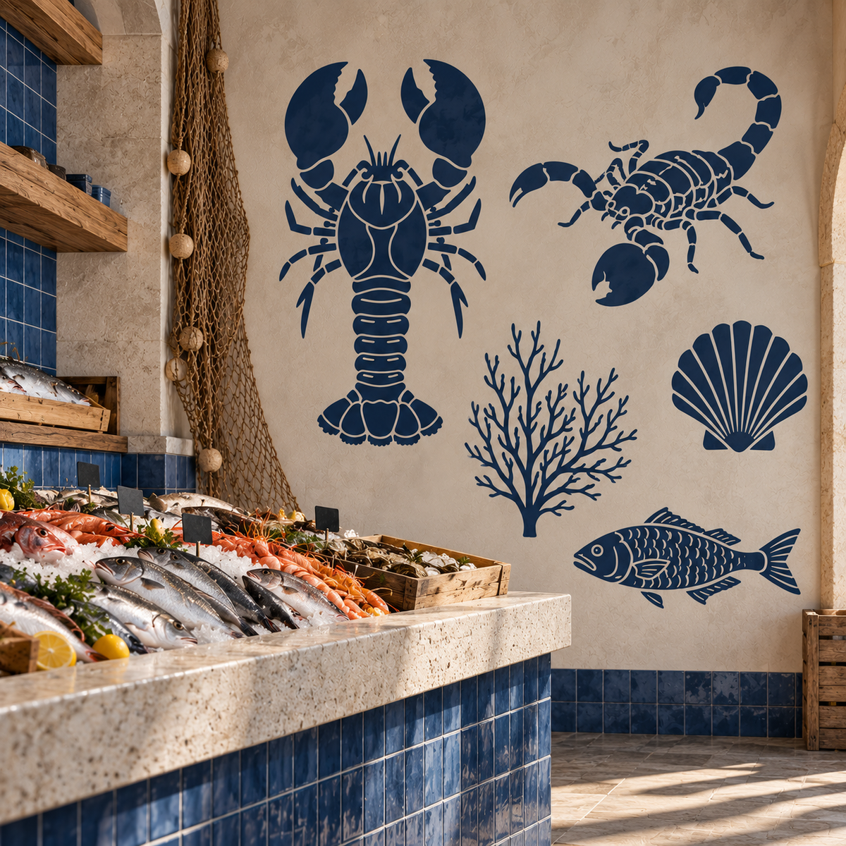Navy lobster, scorpion, coral, shell, and fish stencils decorating the wall of a coastal seafood market.