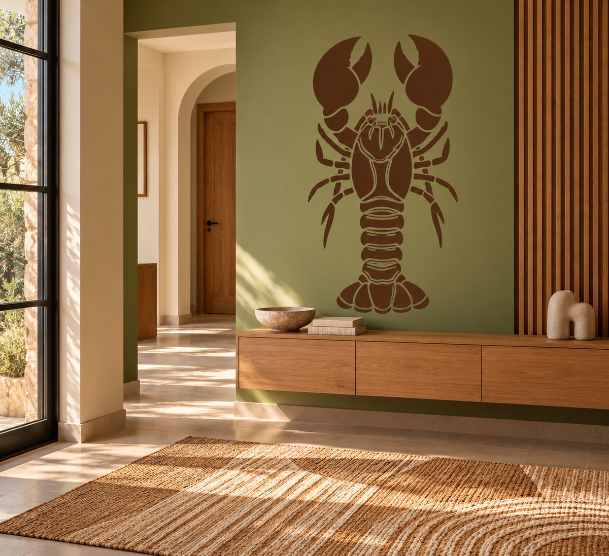Brown lobster stencil painted on an olive green feature wall above a floating wood console in a Mediterranean-style entryway.