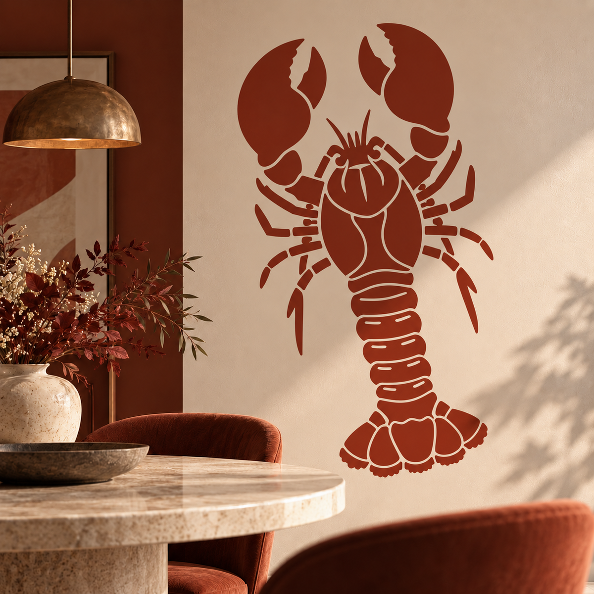 Rust red lobster stencil on a warm cream wall in an elegant dining space with terracotta accents.