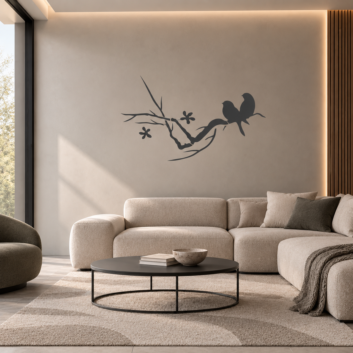 Love Birds Stencil in black featuring two birds on a flowering branch in a modern living room