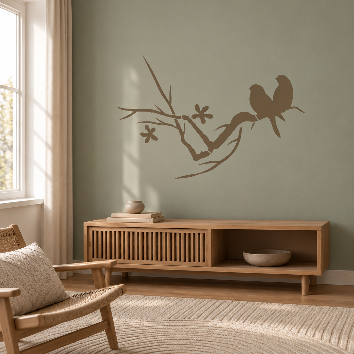 Love Birds Stencil in warm brown featuring two birds on a flowering branch on a sage green living room wall