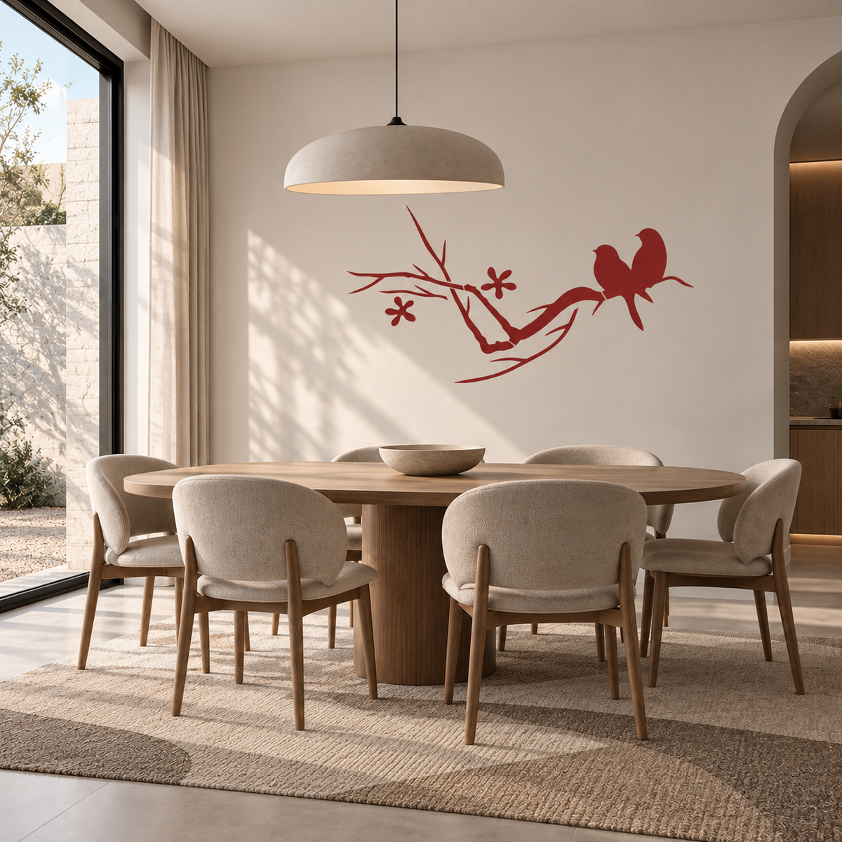 Love Birds Stencil in deep red featuring two birds on a flowering branch on a neutral wall in a modern dining room