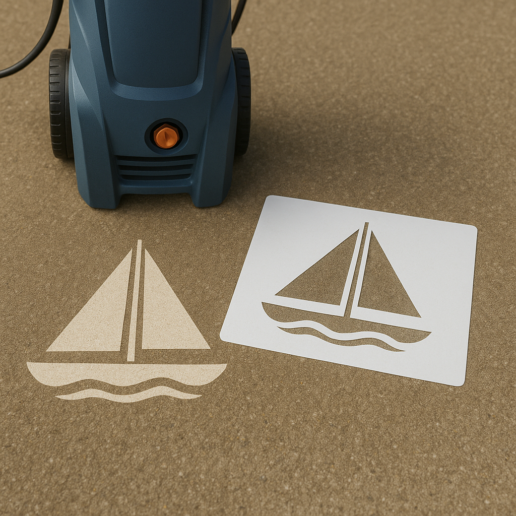 Sailboat stencil design applied on a concrete surface next to a pressure washer and reusable plastic stencil template.