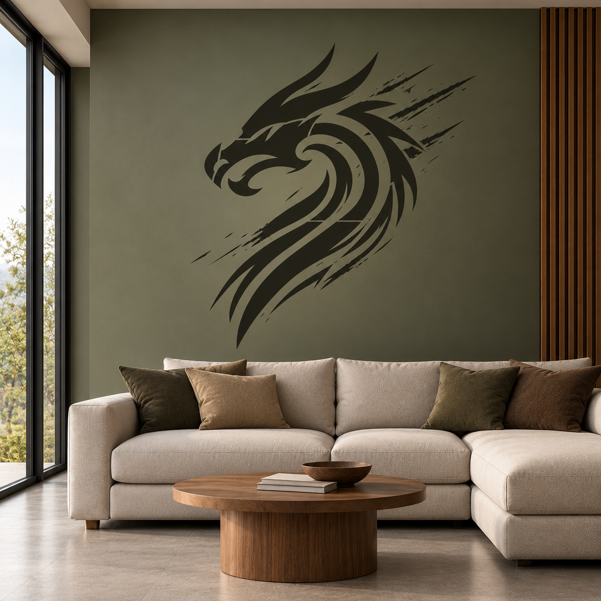 Modern Dragon Head Stencil in black on an olive green accent wall above a cream sectional sofa in a contemporary living room.