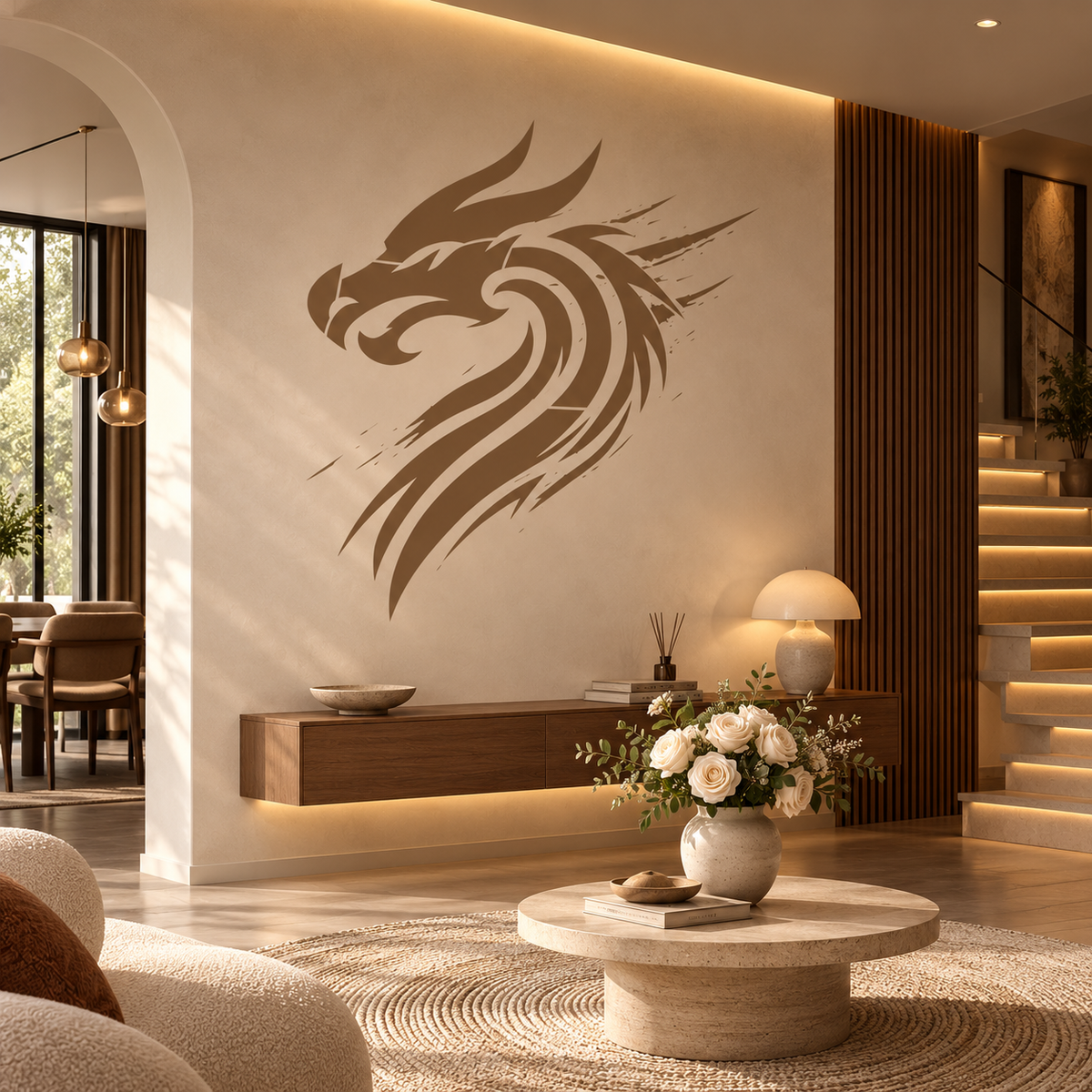 Modern Dragon Head Stencil in warm brown on a beige accent wall above a floating wooden cabinet in an elegant modern living room.