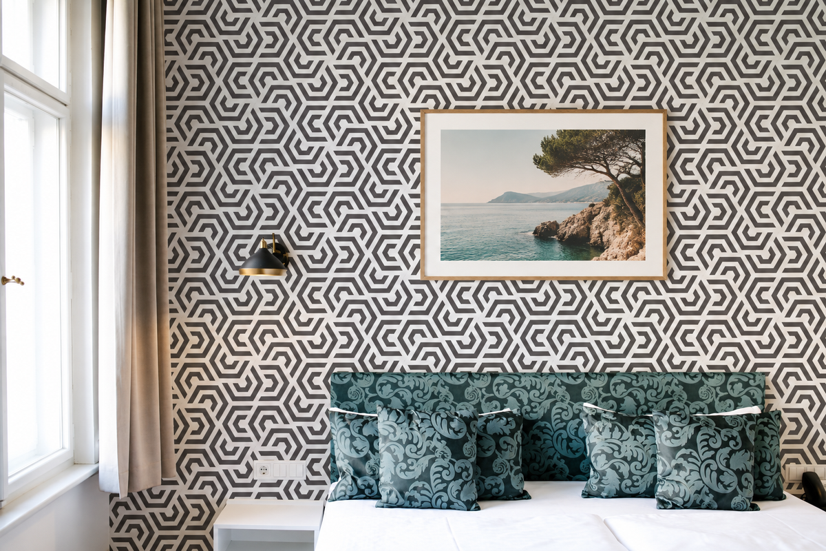 Modern Angular Stencil geometric wall pattern in a contemporary bedroom