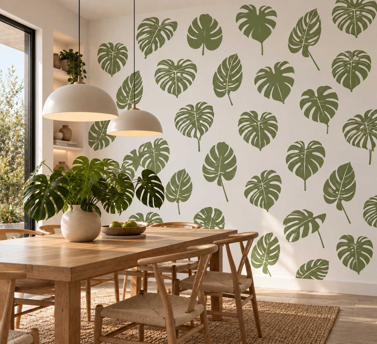 Monstera leaves wall stencil set in olive green featuring assorted tropical leaf designs arranged across a bright modern dining room wall