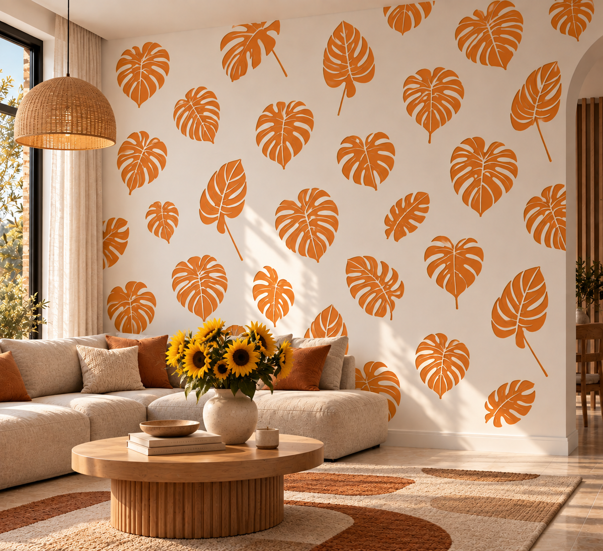 Monstera leaves wall stencil in warm orange featuring assorted tropical leaf designs arranged across a bright modern living room wall
