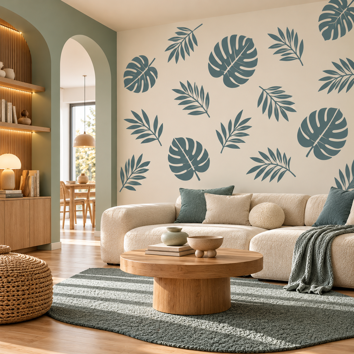 Monstera Wall Stencil with blue tropical leaves in a warm modern living room