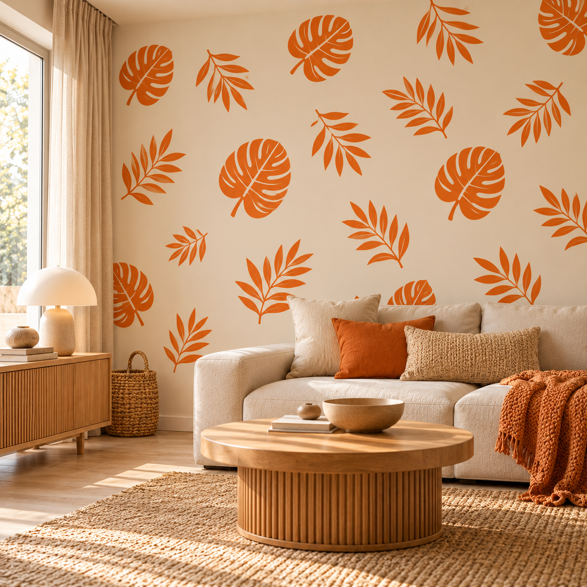 Monstera Wall Stencil with orange tropical leaves on a warm boho living room wall