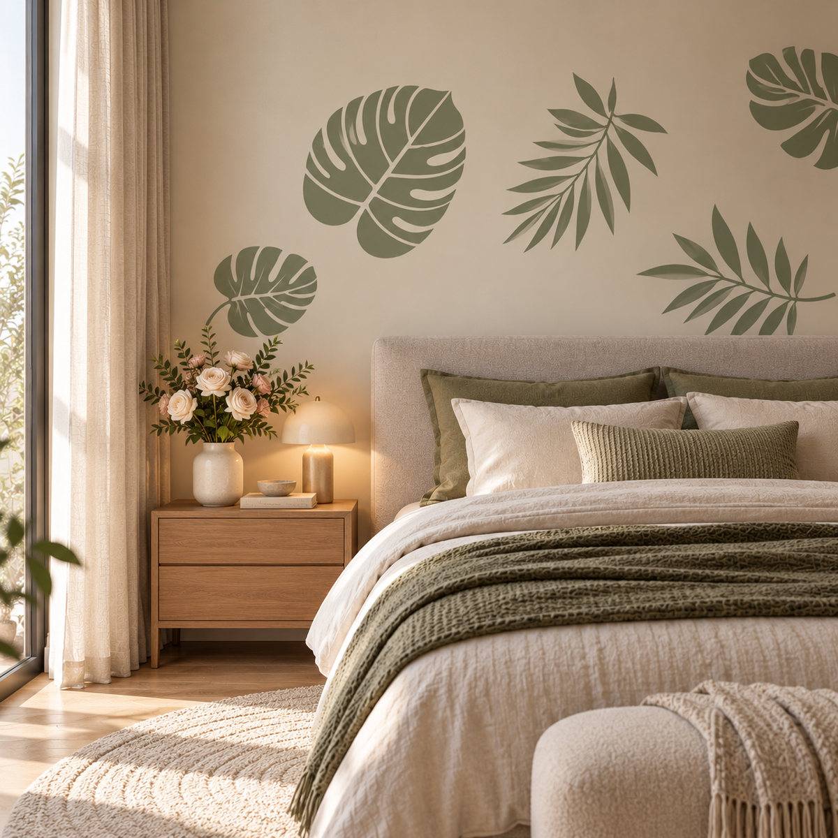 Monstera Wall Stencil with sage green tropical leaves on a warm neutral bedroom wall