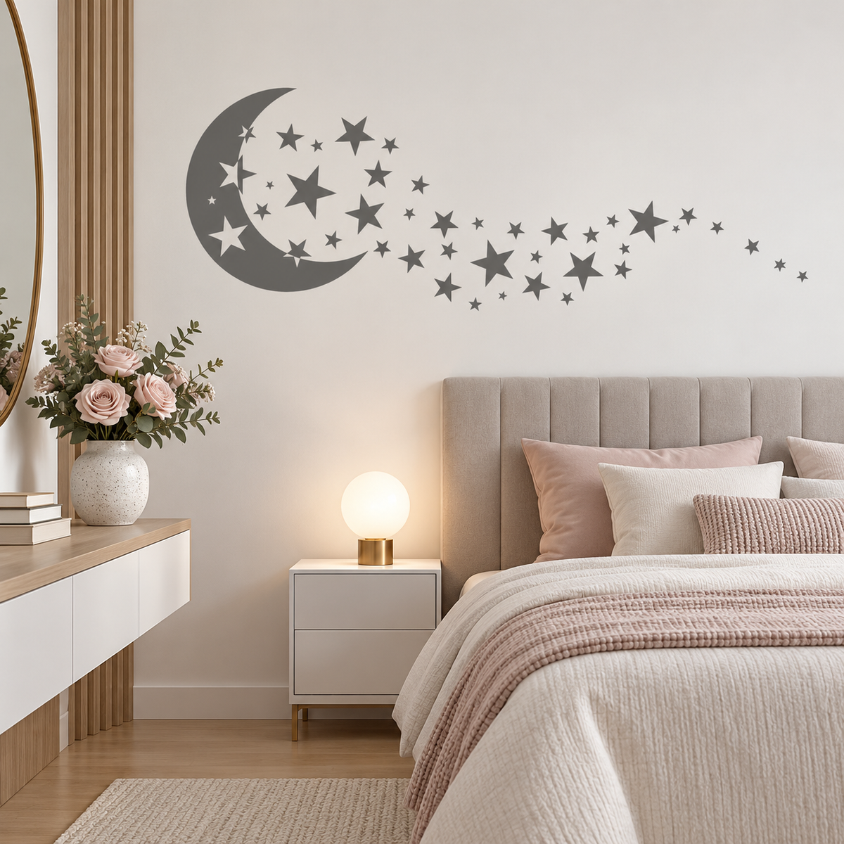 Moon and Stars Wall Stencil in soft gray featuring a crescent moon and a flowing trail of stars above a bed in an elegant bedroom.