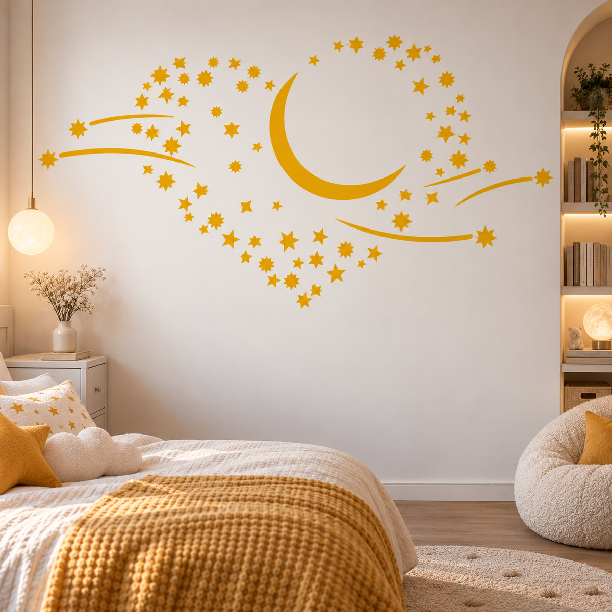 Golden moon and stars wall stencil with shooting stars in a bright cozy kids bedroom.