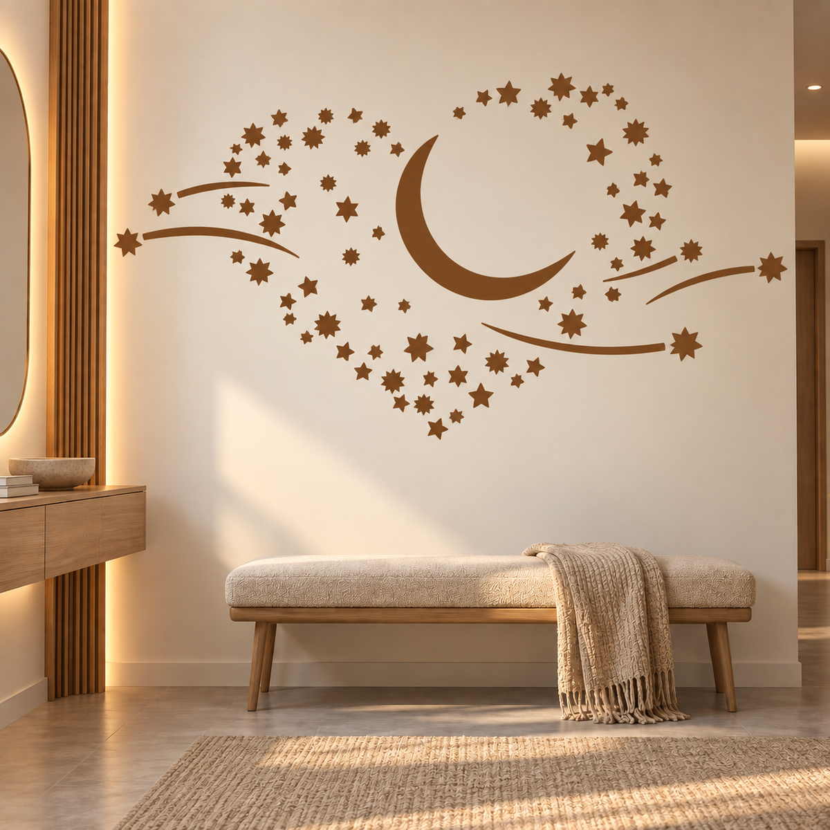 Brown moon and stars wall stencil with shooting stars in a warm modern neutral entryway.