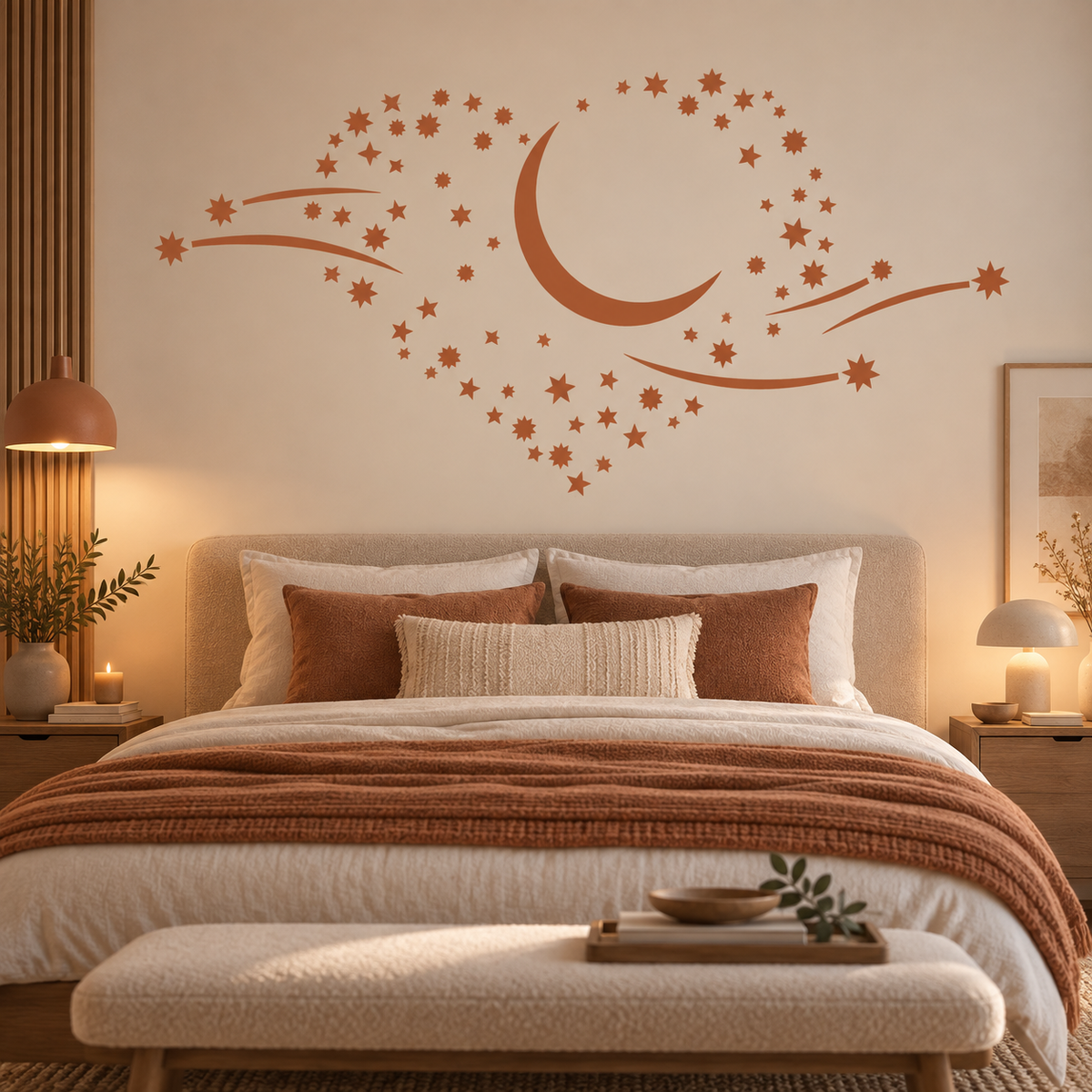 Terracotta moon and stars wall stencil with shooting stars above a warm neutral bedroom.