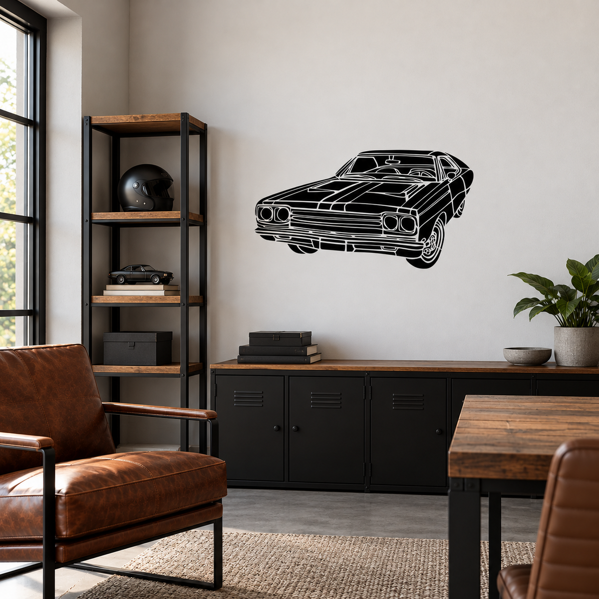Black Muscle Car Stencil featuring an old school classic American car on a light gray wall in an industrial home office.