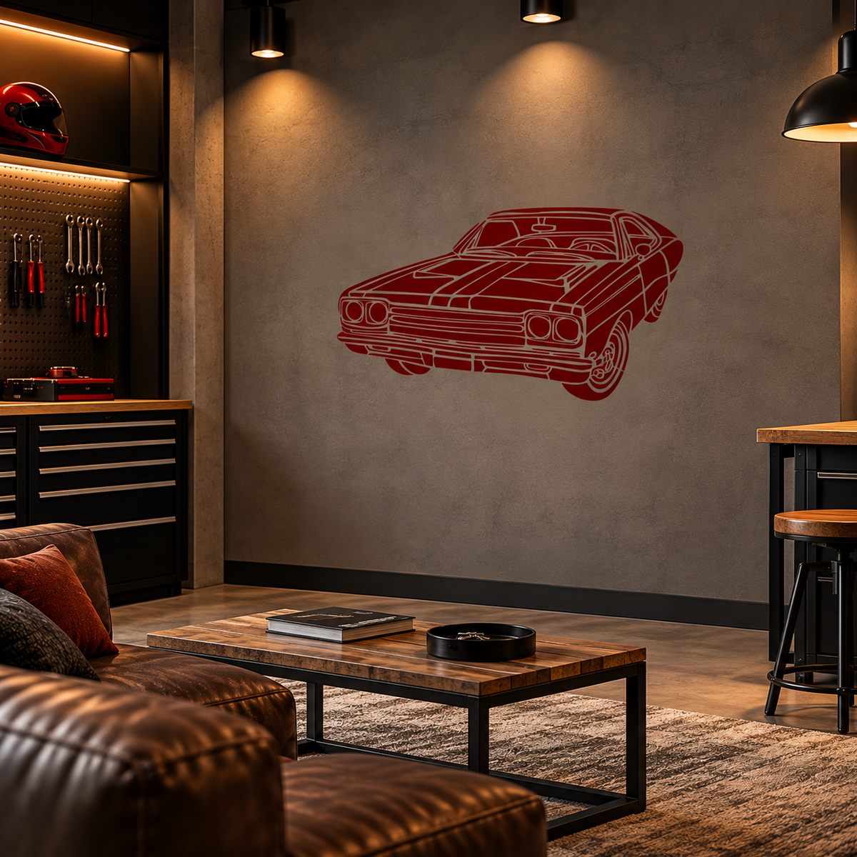 Red Muscle Car Stencil depicting a classic old school American muscle car on a gray wall in an industrial garage lounge.