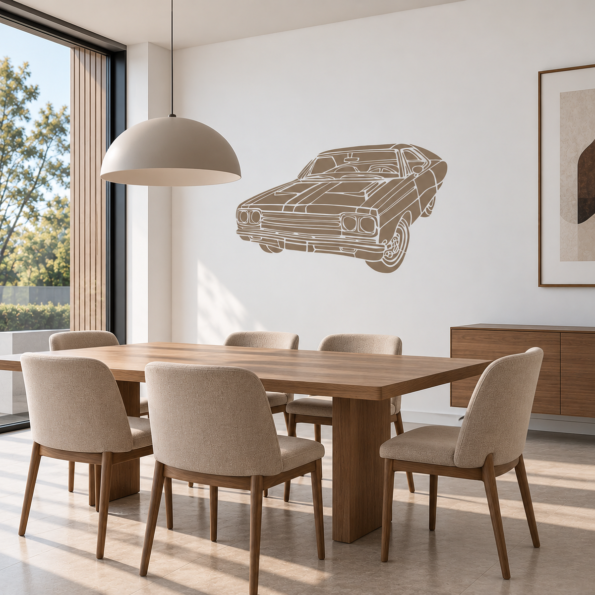 Taupe Muscle Car Stencil featuring an old school vintage American muscle car on a white wall in a minimalist dining room.