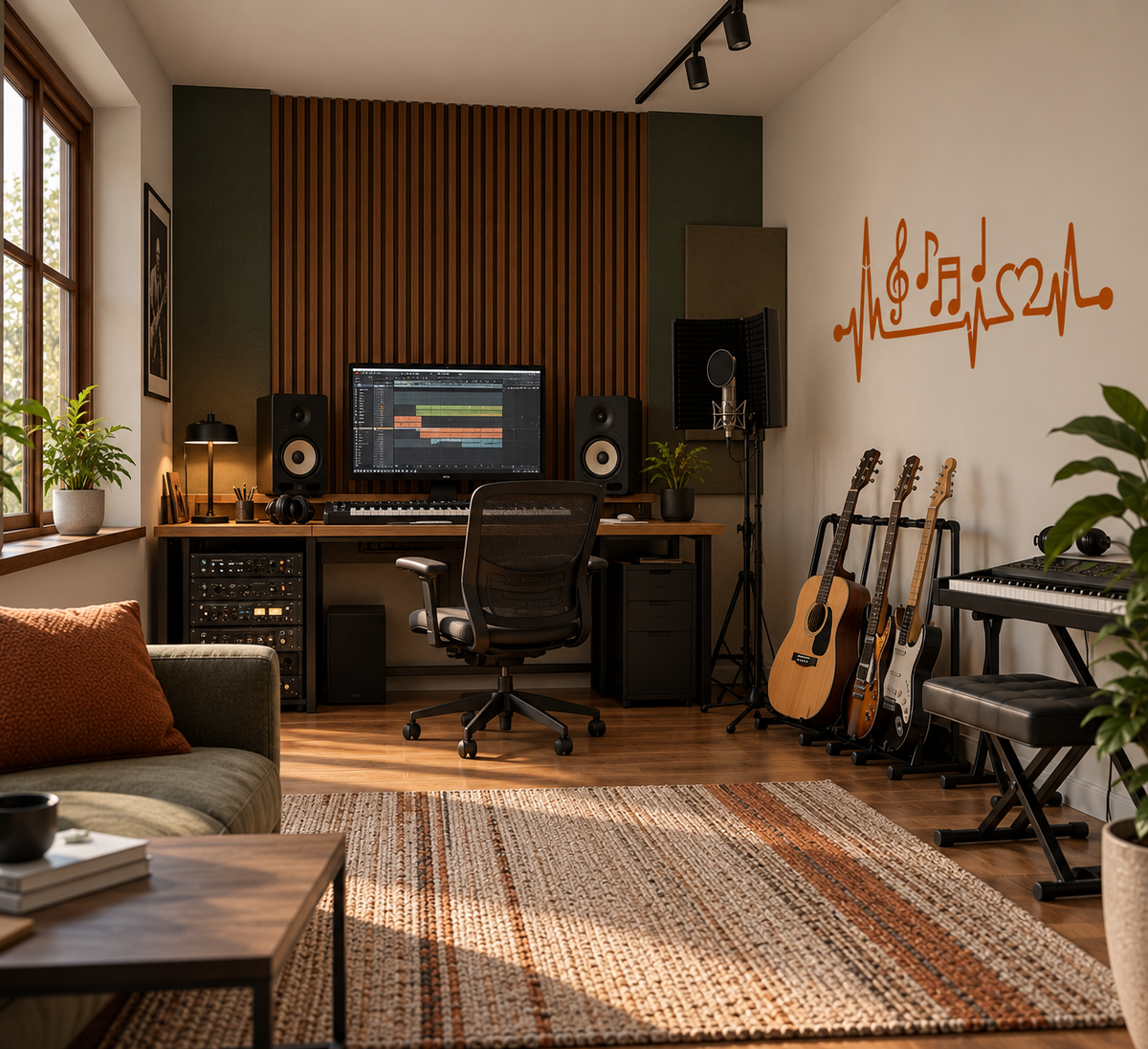 Orange music heartbeat wall stencil combining an ECG line, musical symbols and a heart in a modern home recording studio with guitars and audio equipment.