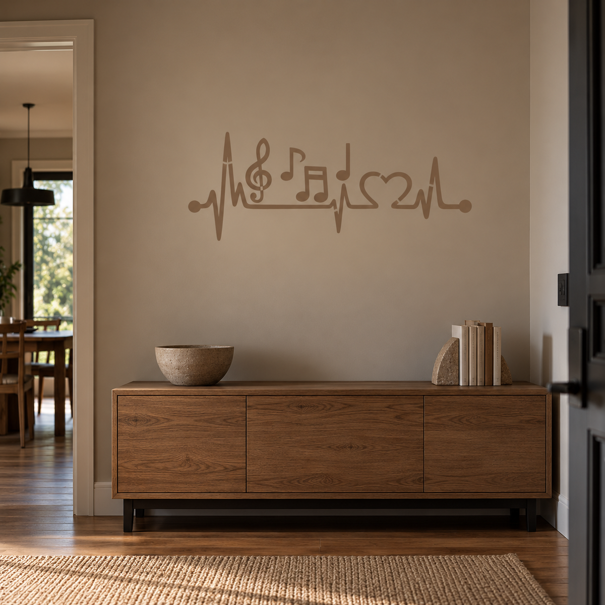Beige music heartbeat wall stencil featuring musical notes, a treble clef and a heart above a wooden console in a modern entryway.