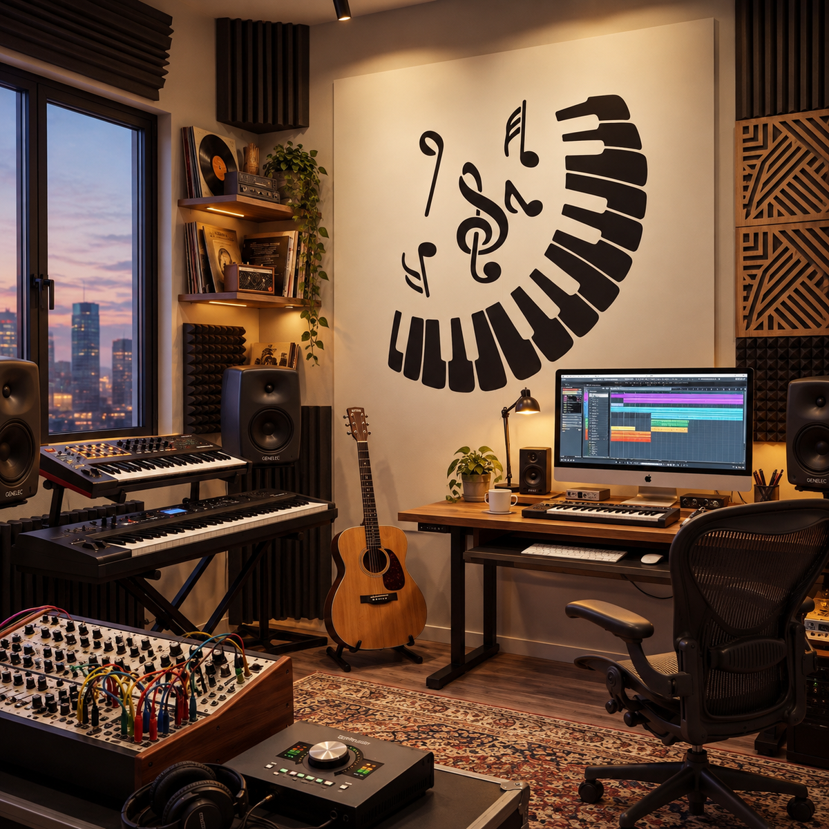Black piano keyboard and music notes stencil decorating a home recording studio with synthesizers, speakers and a guitar.