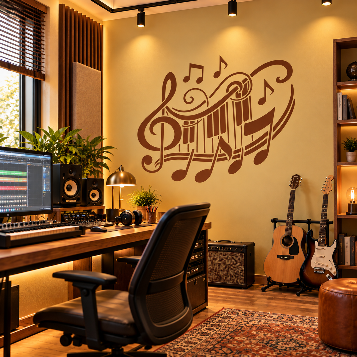Music Notes Stencil in warm brown on a beige wall in a home recording studio with guitars, speakers and music production equipment.