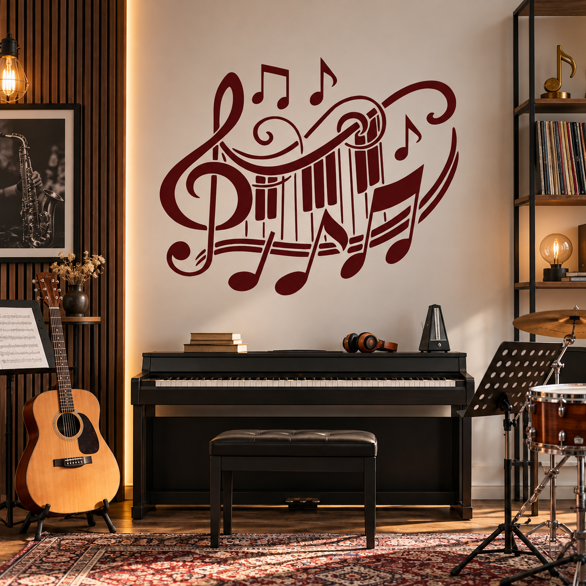 Music Notes Stencil in burgundy on a cream wall above a black digital piano in a cozy home music room with a guitar and drums.