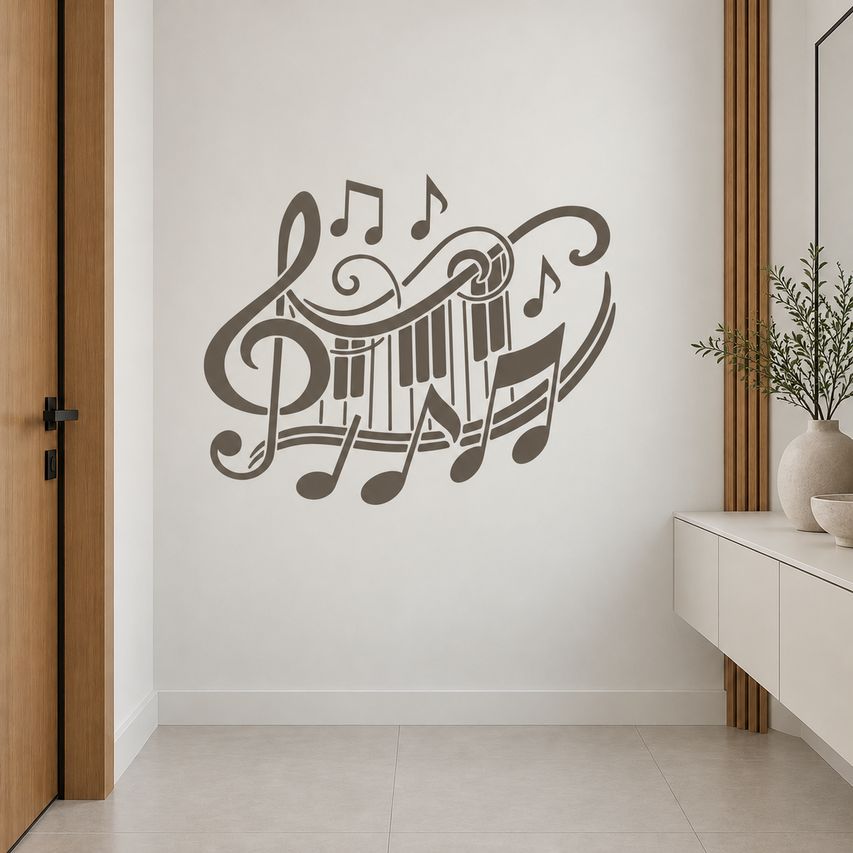 Music Notes Stencil in taupe featuring a treble clef, piano keys and musical notes on a white wall in a modern entryway with wooden accents.