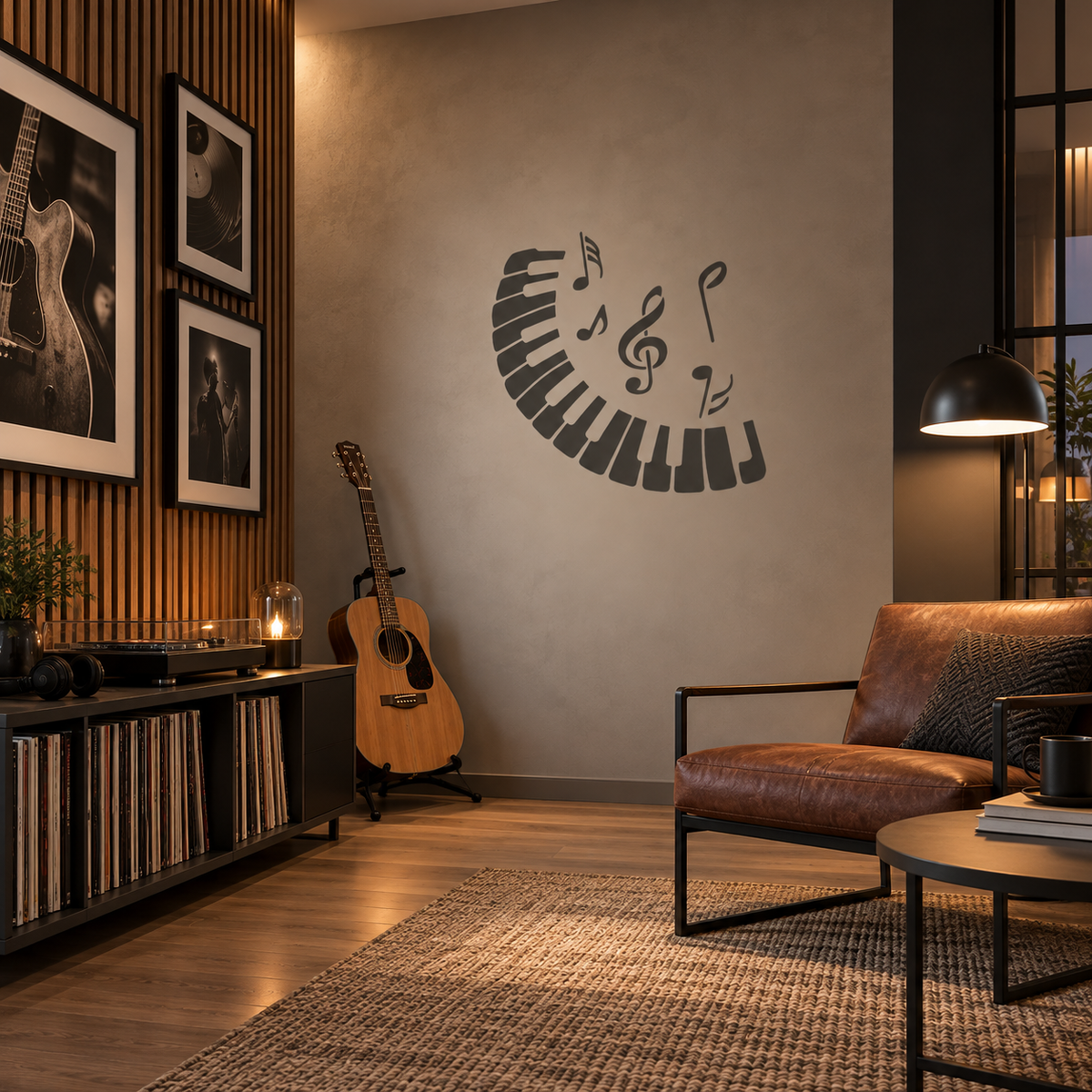 Dark gray musical notes and curved piano keys stencil on a warm neutral wall in a cozy music listening room with vinyl records and a guitar.