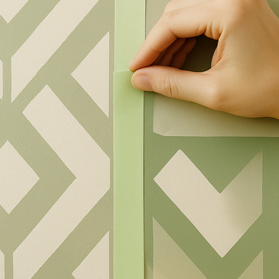 Hand peeling masking tape to reveal a clean negative-space geometric stencil pattern on a green painted wall.