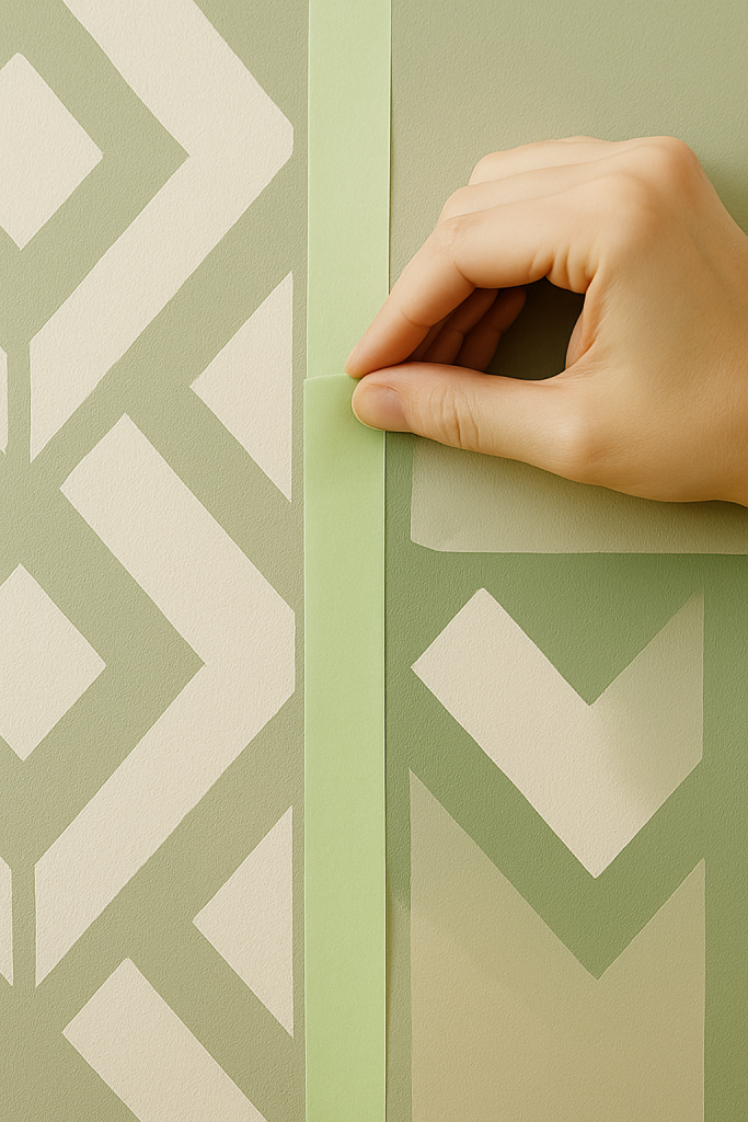 Hand peeling masking tape to reveal a clean negative-space geometric stencil pattern on a green painted wall.