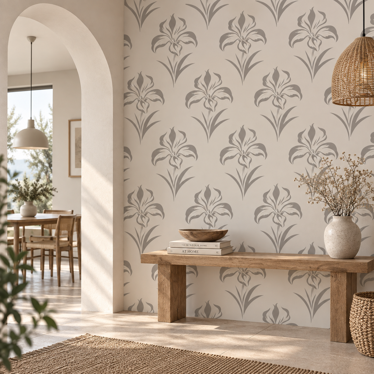 Neutral iris flower wall stencil pattern creating an elegant repeating floral feature wall in a bright modern interior.