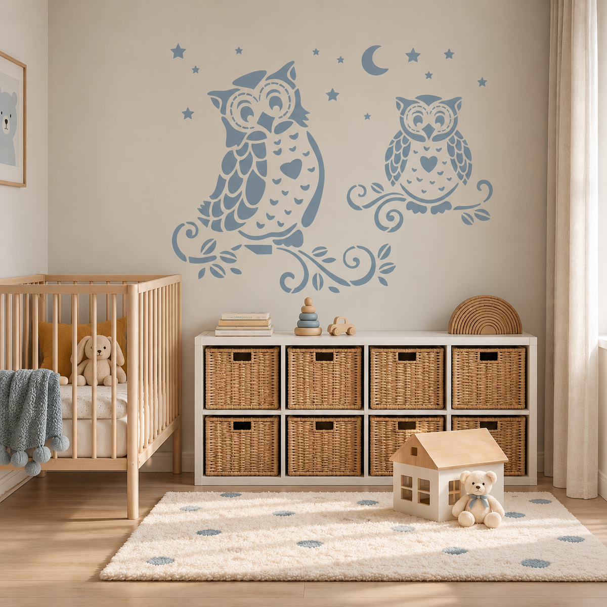 Night Owl Stencil in soft blue with stars and moon on a neutral nursery wall