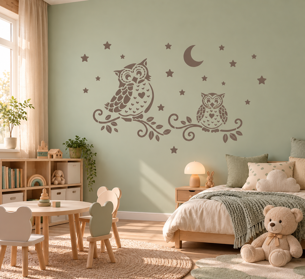 Night Owl Stencil in warm brown with stars and moon on a soft green wall in a cozy kids room