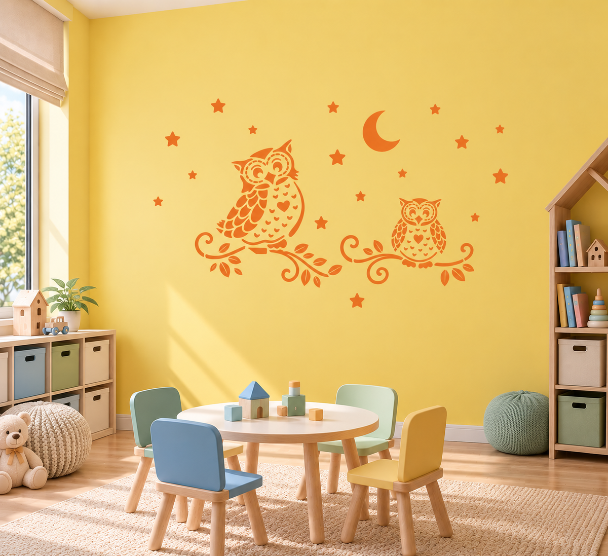 Night Owl Stencil in orange with stars and moon on a yellow wall in a colorful kids playroom