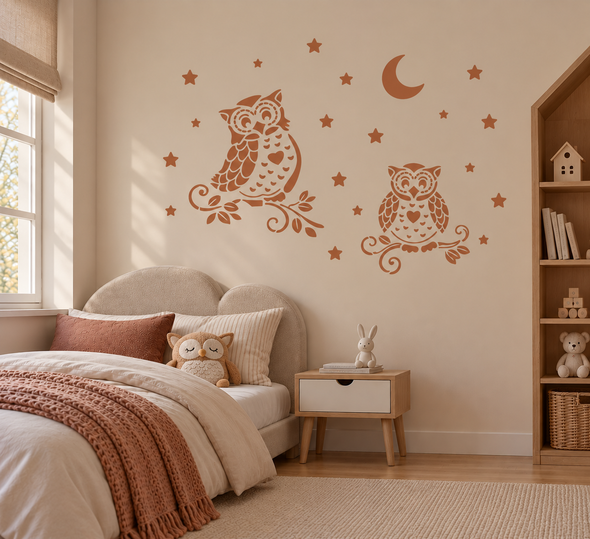 Night Owl Stencil in terracotta with stars and moon on a warm neutral bedroom wall