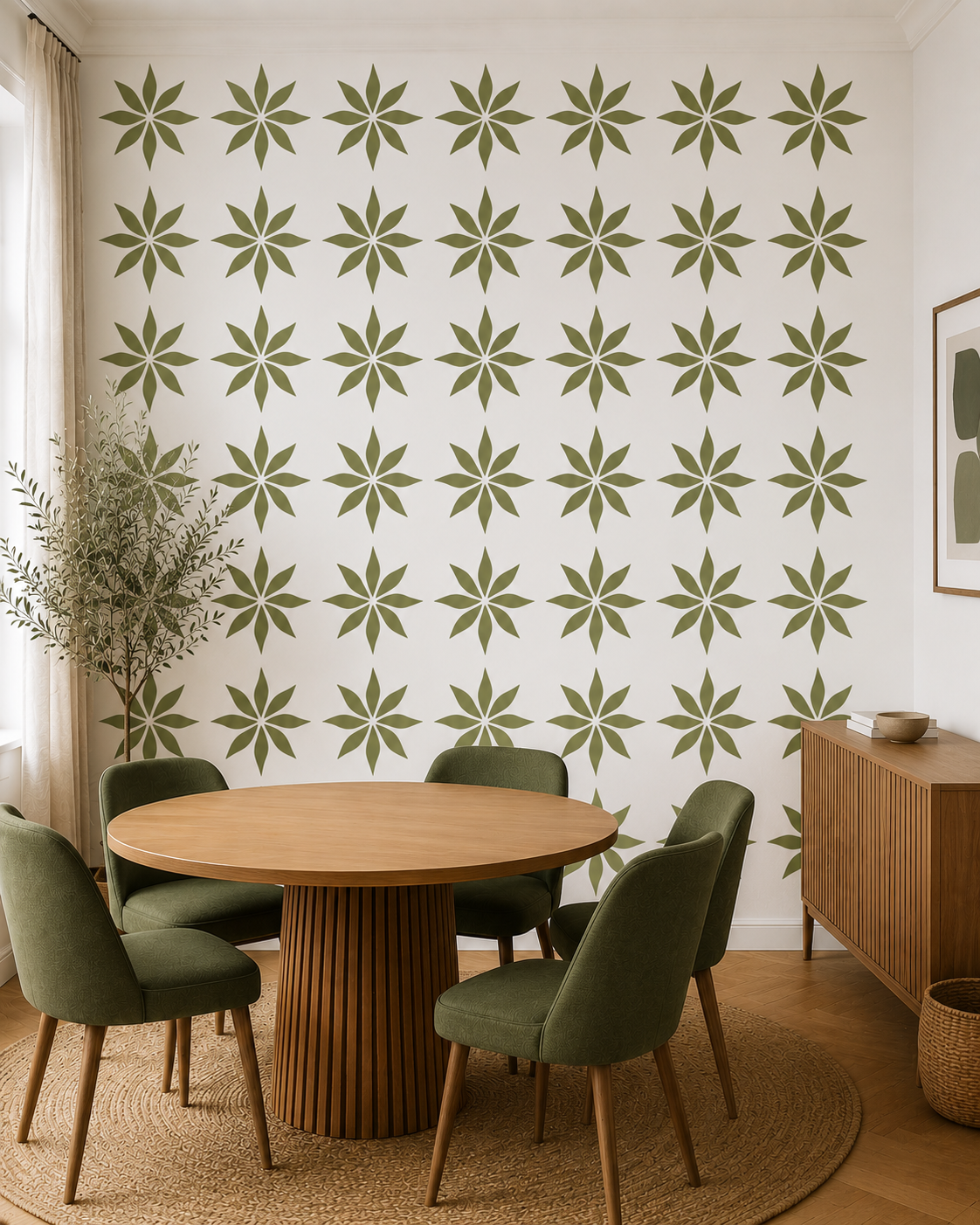 Modern dining room with an olive green floral stencil pattern repeated across a white wall, paired with wooden furniture and green upholstered chairs.