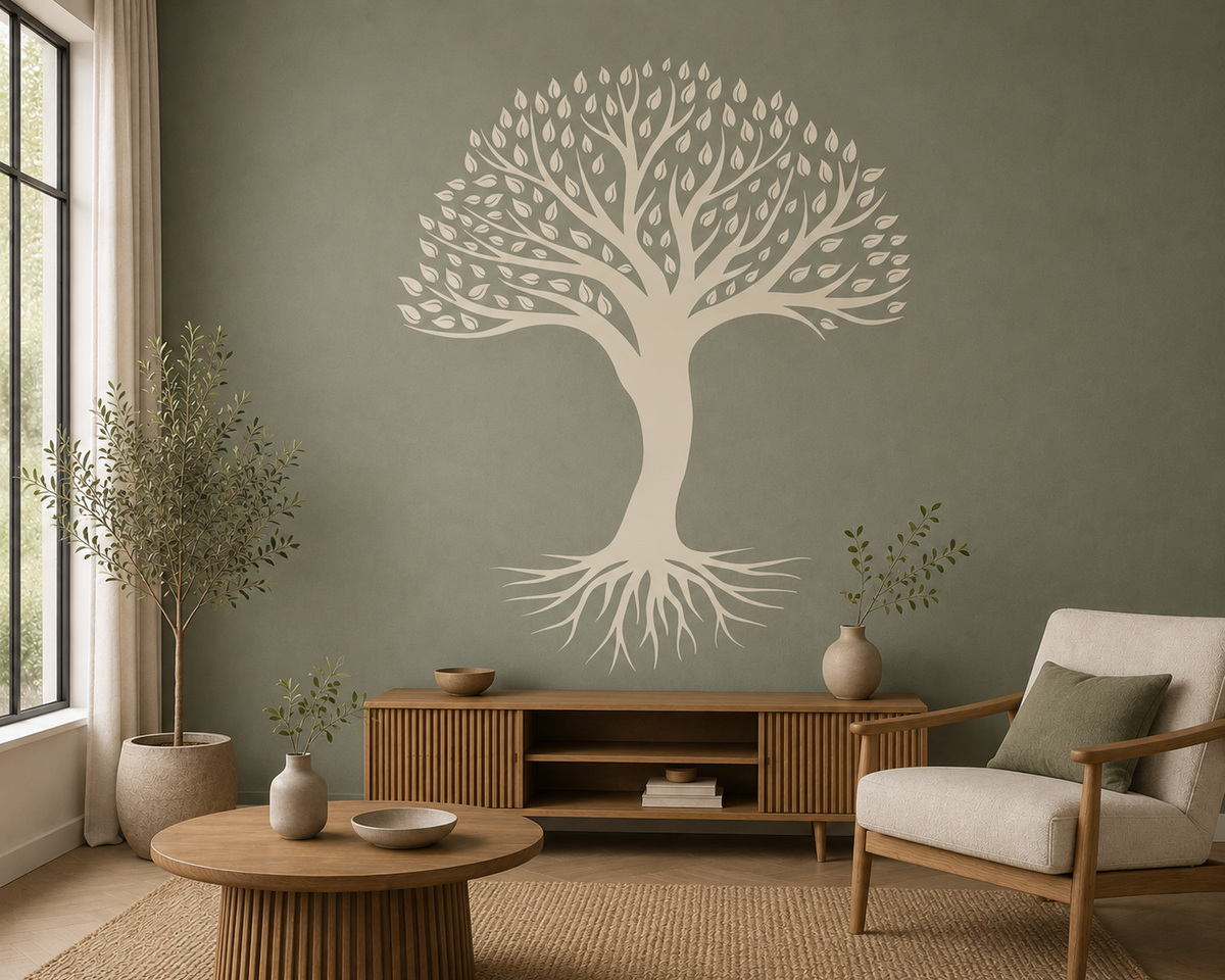 Cozy Scandinavian living room with an olive green accent wall featuring a large cream Tree of Life stencil above a natural wood sideboard, complemented by neutral furniture and woven textures.