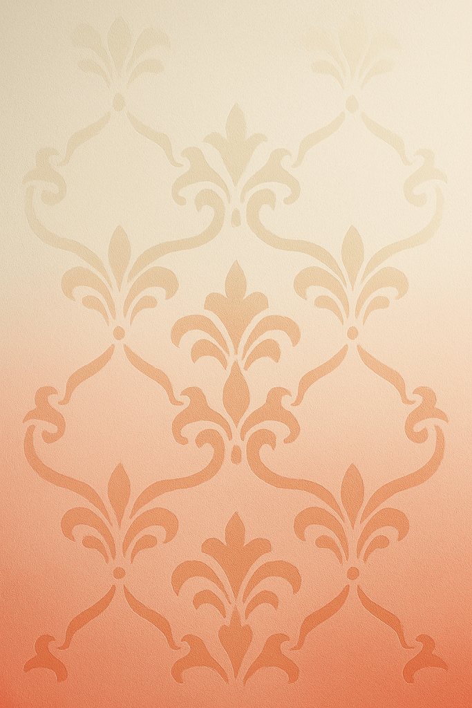 Elegant damask stencil pattern on a wall with a soft peach ombre effect fading from light to darker tones.